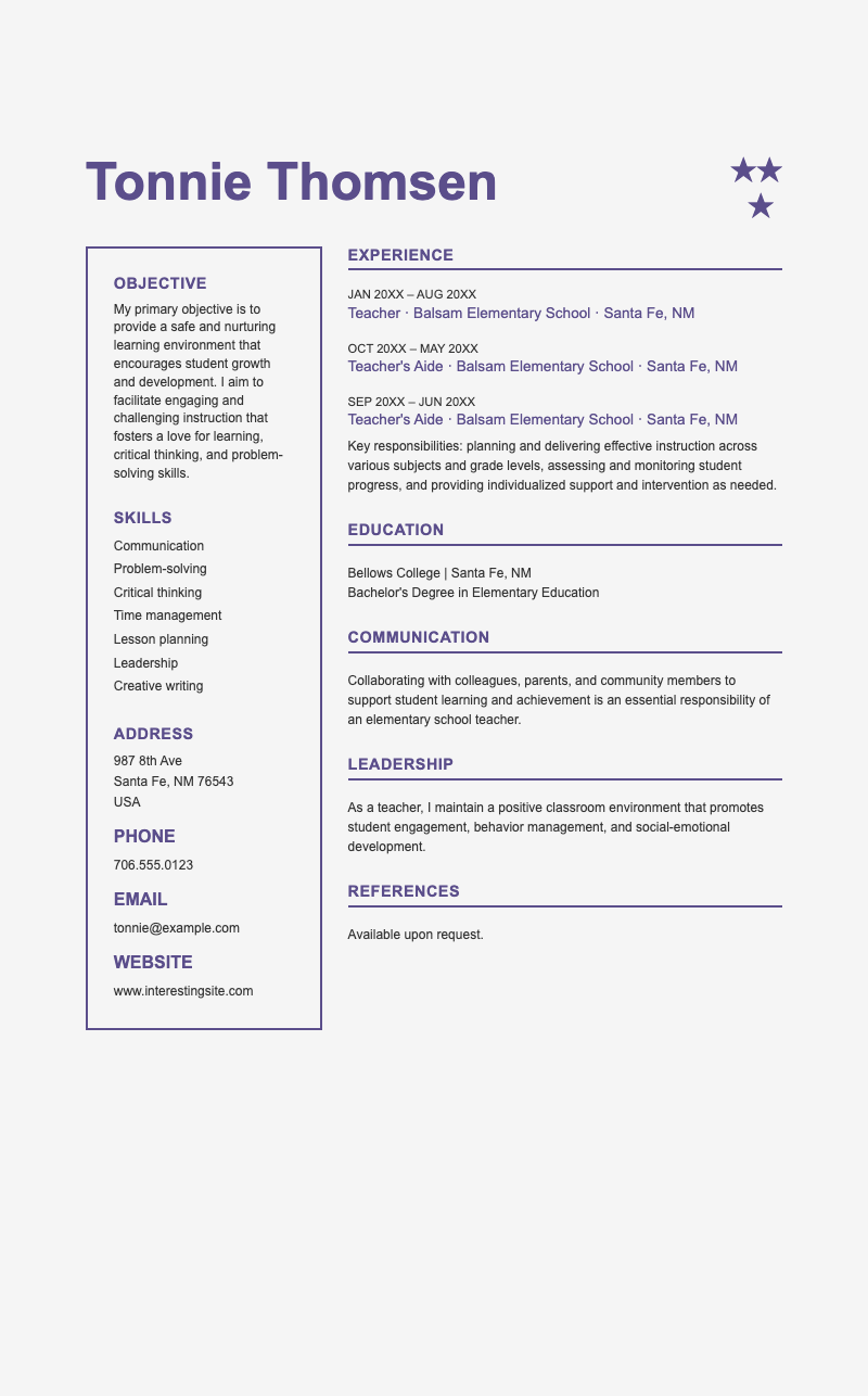 Creative teaching resume - Modern educator resume with purple accents. Two-column layout showcases teaching experience, skills, and education for academic job applications.